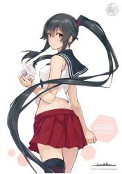 Rule 34 | 1girl, black hair, cup, highres, historical name connection, kantai collection, konishi (koconatu), long hair, looking at viewer, looking back, mitsukoshi (department store), name connection, necktie, object namesake, official art, pleated skirt, ponytail, red eyes, red skirt, school uniform, scrunchie, serafuku, shirt, sidelocks, single thighhigh, skirt, sleeveless, sleeveless shirt, thighhighs, yahagi (kancolle)