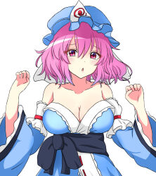 Rule 34 | 1girl, absurdres, bare shoulders, blue hat, blue kimono, collarbone, commentary request, hat, highres, japanese clothes, kimono, long sleeves, looking at viewer, mob cap, open mouth, pink eyes, pink hair, ptn, saigyouji yuyuko, sash, short hair, simple background, solo, touhou, triangular headpiece, upper body, variant set, white background, wide sleeves