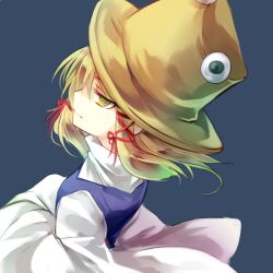 Rule 34 | 1girl, black background, blonde hair, brown headwear, closed mouth, commentary request, kutsuki kai, looking at viewer, moriya suwako, one-hour drawing challenge, short hair, simple background, solo, touhou, upper body, yellow eyes