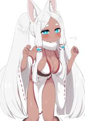 Rule 34 | 1girl, animal ear fluff, animal ears, bare legs, bare shoulders, blue eyes, blush, breasts, cleavage, commentary, dark-skinned female, dark skin, fang, forehead, fox ears, fox girl, hair ornament, highres, hikimayu, inari-chan (ransusan), large breasts, long hair, looking at viewer, original, parted bangs, pelvic curtain, ransusan, short eyebrows, sidelocks, simple background, solo, standing, thick eyebrows, twintails, very long hair, white background, white hair, wide sleeves