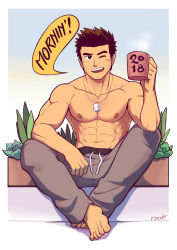 Rule 34 | 1boy, 2018, abs, anatomy, artist name, bara, biceps, brown eyes, brown hair, crossed legs, cup, elbow on knee, facial scar, hand on leg, highres, hunk, jewelry, male focus, mondoart, muscular, muscular male, necklace, nipples, one eye closed, open mouth, original, pants, pectorals, plant, pot, potted plant, scar, scar on cheek, scar on face, sitting, smile, solo, speech bubble, spiked hair, thick eyebrows, topless male, track pants
