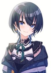 Rule 34 | 1girl, absurdres, alternate hair color, black hair, blue eyes, blue hair, blush, bow, bow earrings, choker, collared shirt, earrings, highres, hololive, hoshimachi suisei, hoshimachi suisei (streetwear), jacket, jewelry, lace, lace choker, looking to the side, multicolored hair, neck ribbon, off shoulder, ribbon, shirt, short hair, short sleeves, simple background, smile, solo, star (symbol), star in eye, symbol in eye, tsumurimai, virtual youtuber, white background