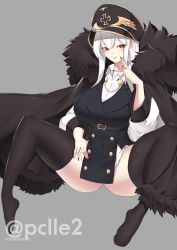 Rule 34 | 1girl, absurdres, ass, black fur, breasts, cloak, collared shirt, cross, finger to mouth, fur-trimmed cloak, fur collar, fur trim, girls&#039; frontline, gluteal fold, hair between eyes, hat, highres, iron cross, kar98k (girls&#039; frontline), large breasts, military, military hat, military uniform, pclle2, red eyes, shirt, signature, simple background, solo, spread legs, thighhighs, thighs, twitter username, uniform, white hair