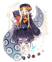 Rule 34 | 1girl, abigail williams (fate), animal, black bow, black dress, black footwear, black hat, blonde hair, bloomers, blue eyes, blush, bow, bug, butterfly, closed mouth, commentary request, dress, fate/grand order, fate (series), forehead, full body, hair bow, haku (sabosoda), hat, hugging object, insect, long hair, long sleeves, looking at viewer, mary janes, medjed (fate), multiple hair bows, octopus, orange bow, parted bangs, polka dot, polka dot bow, shoes, sleeves past fingers, sleeves past wrists, star (symbol), stuffed animal, stuffed toy, suction cups, teddy bear, tentacles, tokitarou (fate), underwear, v-shaped eyebrows, very long hair, white bloomers