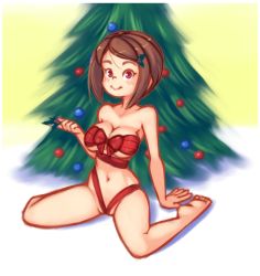 Rule 34 | 1girl, arm support, barefoot, blush, bow, breasts, brown hair, christmas, christmas ornaments, christmas tree, cleavage, collarbone, digimon, digimon adventure, drantyno, hair ornament, holding, kneeling, large breasts, looking at viewer, mistletoe, mistletoe hair ornament, naked ribbon, aged up, pink eyes, ribbon, short hair, smile, yagami hikari, yellow background