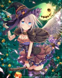 Rule 34 | 1girl, adjusting clothes, adjusting headwear, black hat, blue eyes, blush, bow, breasts, broom, broom riding, falkyrie no monshou, halloween, hat, jack-o&#039;-lantern, large breasts, looking at viewer, natsumekinoko, official art, pumpkin, purple bow, short hair, silver hair, smile, solo, witch hat