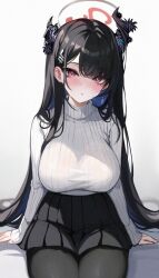Rule 34 | 1girl, asymmetrical horns, black hair, black pantyhose, black skirt, blue archive, blue hair, blush, breasts, colored inner hair, cosplay, demon horns, halo, highres, hololive, hololive english, horns, koahri, large breasts, long hair, long sleeves, looking at viewer, mole, mole under eye, multicolored hair, nerissa ravencroft, pantyhose, red eyes, ribbed sweater, rio (blue archive), rio (blue archive) (cosplay), simple background, sitting, skirt, solo, sweater, turtleneck, turtleneck sweater, two-tone hair, uneven horns, very long hair, virtual youtuber, white sweater