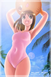 Rule 34 | 00s, 1girl, 2002, :d, armpits, azumanga daiou, ball, beachball, brown eyes, brown hair, casual one-piece swimsuit, mihama chiyo&#039;s father, curvy, day, happy, kasuga ayumu, lens flare, mihama chiyo&#039;s father, navel, one-piece swimsuit, open mouth, outdoors, palm tree, pink background, pink one-piece swimsuit, sky, smile, solo, sunlight, swimsuit, tappi, tree, wide hips