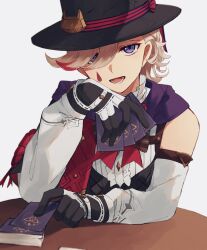 Rule 34 | 1boy, bishounen, black gloves, card, genshin impact, gloves, hat, highres, looking at viewer, lyney (genshin impact), male focus, nekorin chu, open mouth, playing card, purple eyes, red ribbon, ribbon, simple background, solo, table, top hat, white background