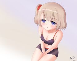 Rule 34 | 1girl, azur lane, bare arms, bare shoulders, between legs, black shorts, blush, breasts, brown background, brown hair, cleavage, collarbone, commentary request, dated, from above, gradient background, hair ornament, hair scrunchie, hand between legs, looking at viewer, medium breasts, navel, one side up, parted lips, purple background, purple eyes, red scrunchie, rock zinc, scrunchie, short shorts, shorts, signature, sitting, solo, z23 (azur lane), z23 (keeper of the comf-fort) (azur lane)