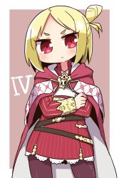 Rule 34 | 1girl, 7th dragon (series), 7th dragon iii, blonde hair, blush, brown background, brown pantyhose, cape, closed mouth, commentary request, emel (7th dragon), high-waist skirt, highres, long sleeves, looking at viewer, multicolored cape, multicolored clothes, naga u, one side up, pantyhose, parted bangs, red cape, red eyes, red skirt, shirt, skirt, solo, striped clothes, striped skirt, two-tone background, v-shaped eyebrows, vertical-striped clothes, vertical-striped skirt, white background, white cape, white shirt
