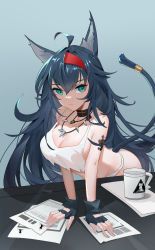 Rule 34 | 1girl, absurdres, ahoge, animal ear fluff, animal ears, arknights, arm support, bare shoulders, bikini, black choker, black gloves, black hair, blaze (arknights), blue background, breasts, cat ears, cat girl, cat tail, chinese commentary, choker, cleavage, closed mouth, coffee mug, collarbone, commentary request, cup, desk, fingerless gloves, gloves, gradient background, green eyes, hairband, highres, jewelry, large breasts, leaning forward, long hair, mug, necklace, official alternate costume, paper, red hairband, solo, swimsuit, tail, tail ornament, tail raised, tail ring, very long hair, white bikini