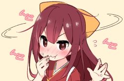 Rule 34 | 1girl, blush, bow, commentary request, ears visible through hair, eating, fingers to mouth, food, food on face, food on hand, hair bow, kamikaze (kancolle), kantai collection, long hair, looking at viewer, nose blush, red eyes, red hair, rice, rice on face, simple background, solo, upper body, yoru nai