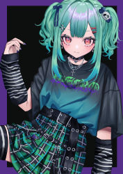 Rule 34 | 1girl, absurdres, alternate costume, arm warmers, belt, black belt, black collar, blue hair, blue ribbon, blush, clothes writing, collar, cross, cross necklace, earrings, eyelashes, gradient hair, green hair, hair ornament, hair ribbon, hairclip, highres, hololive, jewelry, kmgrru, looking at viewer, multicolored hair, nail polish, necklace, pink eyes, plaid, plaid skirt, ribbon, shirt, short twintails, sidelocks, simple background, skirt, skull hair ornament, solo, striped, thighhighs, twintails, uruha rushia, virtual youtuber, x hair ornament