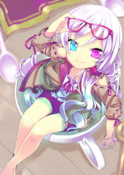Rule 34 | 1girl, absurdres, bad id, bad nicoseiga id, bare legs, blue eyes, bracelet, canon (nyori), cup, heterochromia, highres, in container, in cup, jewelry, long hair, looking at viewer, looking up, mini person, minigirl, nyori, original, partially submerged, pink-framed eyewear, pink eyes, pink hair, smile, solo, spoon, teacup, water