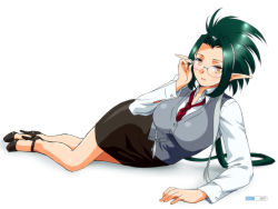 Rule 34 | 1girl, breasts, collared shirt, dress shirt, glasses, green hair, high heels, large breasts, legs, long sleeves, looking at viewer, lying, md5 mismatch, miniskirt, necktie, office lady, on side, original, pencil skirt, pointy ears, red necktie, shirt, simple background, skirt, solo, spiked hair, sweater vest, white shirt, yagisaka seto, yellow eyes