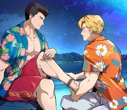 Rule 34 | 2boys, absurdres, ankle strap, ao isami, bara, beach, black hair, blonde hair, blush, couple, dressing another, eye contact, facial hair, feet out of frame, foot up, from side, fzy83225, highres, large pectorals, lewis smith, looking at another, male focus, male swimwear, multiple boys, muscular, muscular male, night, night sky, official alternate costume, pectoral cleavage, pectorals, profile, red male swimwear, sideburns stubble, sky, star (sky), starry sky, stubble, swim trunks, thick eyebrows, yaoi, yuuki bakuhatsu bang bravern