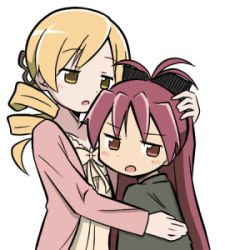 Rule 34 | 10s, 2girls, :o, alternate costume, blonde hair, bow, bowtie, drill hair, expressionless, hair bow, hair ornament, height difference, hug, jitome, long hair, looking back, lowres, mahou shoujo madoka magica, mahou shoujo madoka magica (anime), mahou shoujo madoka magica movie 1 &amp; 2, multiple girls, parted lips, red eyes, red hair, rikugou (rikugou-dou), sakura kyoko, short hair, simple background, tomoe mami, very long hair, white background, yellow eyes