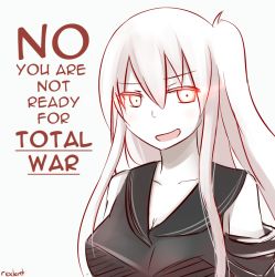 Rule 34 | 10s, 1girl, :d, abyssal ship, aircraft carrier oni, artist name, bare shoulders, black dress, breasts, cleavage, collarbone, crazy eyes, dress, english text, glowing, glowing eyes, kantai collection, long hair, looking at viewer, one side up, open mouth, orange eyes, red eyes, rexlent, sailor collar, sailor dress, school uniform, serafuku, shirt, side ponytail, sleeveless, sleeveless shirt, smile, solo, source request, upper body, white hair