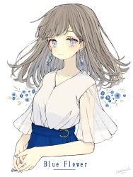 Rule 34 | 1girl, :|, akakura, artist name, blouse, blue eyes, blue flower, blue nails, blue skirt, brown hair, closed mouth, collarbone, commentary request, earrings, english text, floral background, flower, highres, jewelry, long hair, looking at viewer, nail polish, original, own hands together, see-through, see-through sleeves, shirt, skirt, solo, upper body, vial, white background, white shirt