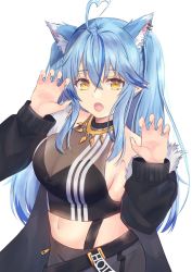 Rule 34 | 1girl, :o, ahoge, animal ear fluff, animal ears, bare shoulders, black jacket, black shirt, blouse, blue hair, blue nails, breasts, cat ears, claw pose, cleavage, colored tips, commentary request, cosplay, cowboy shot, crop top, ear piercing, elf, fang, fingernails, fur-trimmed jacket, fur trim, grey skirt, hair between eyes, heart, heart ahoge, highres, hololive, jacket, jewelry, large breasts, long hair, looking at viewer, midriff, multicolored hair, nail polish, navel, necklace, open clothes, open jacket, open mouth, piercing, pointy ears, see-through, see-through cleavage, shirt, shishiro botan, shishiro botan (1st costume), shishiro botan (cosplay), sidelocks, skin tight, skirt, sleeveless, sleeveless shirt, solo, streaked hair, two side up, very long hair, virtual youtuber, yellow eyes, yukihana lamy, yuzuki4no