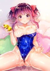 Rule 34 | 1girl, absurdres, blue one-piece swimsuit, blush, bow, breasts, breasts out, cameltoe, clothes pull, competition swimsuit, covered navel, hair bow, hair ribbon, highleg, highleg swimsuit, highres, large breasts, looking at viewer, lotion, maumen, nipples, off shoulder, official art, one-piece swimsuit, one-piece swimsuit pull, original, purple eyes, purple hair, red bow, red ribbon, ribbon, short twintails, sidelocks, sitting, solo, spread legs, swimsuit, twintails