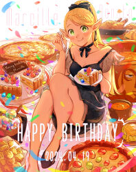 Rule 34 | 1girl, anezu, birthday, birthday cake, black camisole, black dress, black footwear, black ribbon, blonde hair, bowl, breasts, cake, cake slice, camisole, character name, cheese, chicken (food), cleavage, coin, confetti, dated, dress, dryad fruit (dungeon meshi), dungeon meshi, eating, elf, english text, food, fork, frilled camisole, frills, fruit, green eyes, happy birthday, holding, holding fork, holding plate, light blush, long hair, looking at viewer, marcille donato, medium breasts, omelet, pizza, plate, pointy ears, ponytail, puffy cheeks, ribbon, simple background, sitting, smile, sorbet (food), soup, strawberry, swept bangs, tart (food), treasure bug (dungeon meshi), vegetable, very long hair, white background
