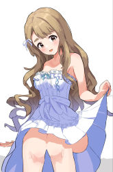 Rule 34 | 1girl, :d, arm support, bare shoulders, blush, breasts, brown hair, clothes lift, dress, dress lift, ebifu, highres, idolmaster, idolmaster million live!, idolmaster million live! theater days, lifted by self, long hair, looking down, medium breasts, miyao miya, open mouth, pure onepiece (idolmaster), simple background, sitting, skirt hold, smile, solo, strapless, strapless dress, thick eyebrows, very long hair, white dress