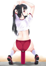 Rule 34 | 1girl, adjusting hair, amasora taichi, arms behind head, arms up, ass, back, black hair, buruma, full body, gym uniform, hair ornament, hairclip, highres, holding, holding own hair, kneehighs, knees together feet apart, long hair, looking at viewer, looking back, midriff, mouth hold, original, red eyes, shadow, shirt, shoes, short sleeves, sitting, socks, solo, sweat, thermos, tied shirt, tying hair, underwear, unworn hair ornament, unworn hairclip, white shirt, white socks