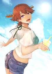 Rule 34 | 1girl, absurdres, alternate costume, bikini, bikini under clothes, breasts, brown hair, cup, denim, denim shorts, disposable cup, from behind, green bikini, hagioshi, hair between eyes, head tilt, headgear, hiei (kancolle), highres, holding, holding cup, kantai collection, looking at viewer, open mouth, purple eyes, see-through, short hair, shorts, simple background, solo, swimsuit