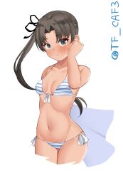 Rule 34 | 1girl, absurdres, ayanami (kancolle), bikini, blue bikini, breasts, brown eyes, brown hair, cowboy shot, groin, highres, kantai collection, long hair, looking at viewer, one-hour drawing challenge, side-tie bikini bottom, side ponytail, small breasts, solo, striped bikini, striped clothes, swimsuit, tan, tf cafe, twitter username, white background