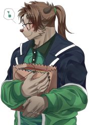 Rule 34 | animal ears, bag, blue jacket, blush, brown hair, catoblepas (housamo), closed eyes, collared shirt, furry, furry male, green jacket, green shirt, highres, holding, holding bag, horns, jacket, long hair, male focus, multicolored clothes, multicolored jacket, muscular, muscular male, musical note, ponytail, shirt, shopping bag, smile, solo, tokyo houkago summoners, two-tone jacket, white background, zeroru1111
