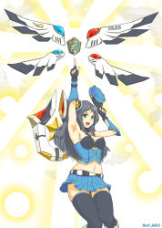 Rule 34 | 1girl, armpits, black hair, fingerless gloves, gloves, green eyes, hair ornament, highres, irelia, league of legends, long hair, looking at viewer, midriff, navel, open mouth, police, police uniform, solo, star (symbol), thighhighs, trombe, uniform