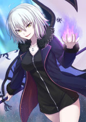 Rule 34 | 1girl, :d, ahoge, banner, black dress, blue jacket, breasts, collarbone, covered erect nipples, cowboy shot, dress, fate/grand order, fate (series), fur trim, hair between eyes, holding, jacket, jeanne d&#039;arc (fate), jeanne d&#039;arc alter (fate), jeanne d&#039;arc alter (ver. shinjuku 1999) (fate), jewelry, looking at viewer, medium breasts, mizunashi hayate, necklace, official alternate costume, open clothes, open jacket, open mouth, short dress, short hair, silver hair, smile, solo, standing, yellow eyes