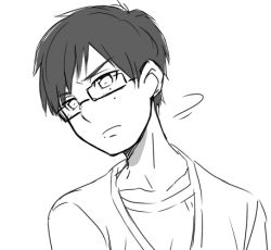 Rule 34 | 1boy, ao no exorcist, bad id, bad pixiv id, collarbone, expressionless, glasses, greyscale, lips, looking at viewer, lowres, male focus, monochrome, motion lines, okumura rin, petagon, shirt, simple background, solo, t-shirt, tsurime, turning head, upper body, white background