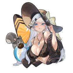 1girl absurdres au_ra ball beachball bikini black_bikini black_jacket blue_eyes breasts chinese_commentary cleavage closed_mouth commentary cropped_torso dragon_horns echo_(ehchoy) final_fantasy final_fantasy_xiv flower hair_flower hair_ornament hat hat_ribbon highres holding_acorn horns jacket jewelry large_breasts large_hat licking_lips light_blush looking_at_viewer pendant pixiv_username ribbon scales smile solo squirrel sun_hat surfboard swimsuit tongue tongue_out transparent_background warrior_of_light_(ff14) white_hair