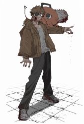 Rule 34 | 1boy, 1other, animal, animal on shoulder, blonde hair, blood, blood on clothes, blood on face, blood on hands, blood on shoes, bloody weapon, brown hoodie, chainsaw, chainsaw man, denji (chainsaw man), eyepatch, fangs, full body, grey shirt, highres, hood, hoodie, looking back, looking to the side, outstretched hand, pochita (chainsaw man), shirt, shoes, short hair, simple background, sneakers, solo focus, standing, tasuketemama, weapon, white background, yellow eyes