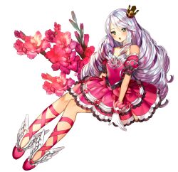 Rule 34 | 1girl, bad id, bad pixiv id, bare shoulders, commentary, crown, dress, drill hair, english commentary, flower, full body, gambe, gloves, green eyes, grey hair, hair between eyes, highres, long hair, looking at viewer, mini crown, official alternate hairstyle, open mouth, pink dress, pink flower, pink footwear, pretty series, pripara, shikyoin hibiki, shoes, sitting, solo, very long hair, white background, white gloves