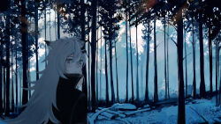Rule 34 | 1girl, animal ears, arknights, black jacket, crimiko, forest, from behind, grey eyes, hair ornament, hairclip, highres, jacket, lappland (arknights), long hair, looking at viewer, looking back, nature, scenery, snow, solo, tree, upper body, white hair, wolf ears, wolf girl