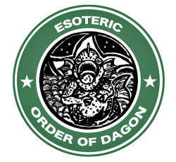 Rule 34 | crossover, cthulhu mythos, dagon, fins, fish tail, head fins, logo, monster, nekotarou, no humans, open mouth, parody, scales, solo, star (symbol), starbucks, tail, webbed hands