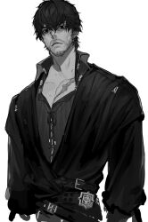 Rule 34 | 1boy, barnabas tharmr, beard stubble, belt, closed mouth, collarbone, empty eyes, facial hair, final fantasy, final fantasy xvi, greyscale, highres, long sleeves, male focus, monochrome, multiple belts, ogata tomio, scar, scar on chest, shirt, short hair, simple background, solo, stubble