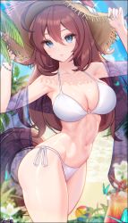 Rule 34 | 1girl, absurdres, ahoge, armpits, arms up, bare shoulders, bikini, blue eyes, breasts, brown hair, brown hat, c.honey, cleavage, collarbone, cowboy shot, groin, hair between eyes, halterneck, hands on headwear, hat, highres, horse tail, large breasts, long hair, looking at viewer, mihono bourbon (umamusume), navel, parted lips, shawl, side-tie bikini bottom, solo, standing, stomach, straw hat, string bikini, swimsuit, tail, thighs, umamusume, white bikini, wristband