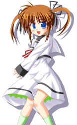 Rule 34 | 00s, 1girl, ahoge, blue eyes, blush, brown hair, full body, green legwear, knees together feet apart, long sleeves, looking at viewer, lyrical nanoha, mahou shoujo lyrical nanoha, mahou shoujo lyrical nanoha a&#039;s, open mouth, purple eyes, red hair, school uniform, shadow, solo, standing, takamachi nanoha, twintails, white background