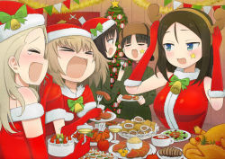 Rule 34 | &gt; &lt;, 5girls, :d, adjusting clothes, adjusting headwear, alina (girls und panzer), antlers, apple, bell, black hair, blonde hair, blue eyes, bob cut, bow, brown eyes, brown hair, brown headwear, cake, capelet, christmas, christmas cake, christmas dress, christmas ornaments, christmas tree, clara (girls und panzer), closed eyes, commentary, cup, dress, drinking glass, elbow gloves, emblem, facial mark, fake antlers, fang, feeding, food, food request, fork, fruit, fur-trimmed capelet, fur hat, fur trim, garland (decoration), girls und panzer, gloves, green bow, green jacket, happy, hat, hat bow, holding, holding cup, holding fork, holding plate, horns, indoors, insignia, jacket, katyusha (girls und panzer), kemu (guruguru dan), laughing wolves, long hair, long sleeves, looking at another, low twintails, multiple girls, nina (girls und panzer), nonna (girls und panzer), off-shoulder dress, off shoulder, open mouth, plate, pravda (emblem), pravda school uniform, red capelet, red gloves, red headwear, red shirt, reindeer antlers, santa gloves, santa hat, school uniform, shirt, short hair, short twintails, sitting, skin fang, sleeveless, sleeveless dress, smile, standing, star (symbol), string of flags, swept bangs, tearing up, turkey (bird), turtleneck, twintails, ushanka, wine glass, wooden wall