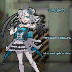 Rule 34 | 1girl, :d, armpits, back bow, blue eyes, blue star, blush, bow, double bun, dress, english text, frilled skirt, frills, gloves, grey hair, hair bun, hair ornament, hair ribbon, hairband, heart, heart hair ornament, holding, holding microphone, huyusaki taiga, idol, lobotomy corporation, microphone, one eye closed, open mouth, outstretched arm, pantyhose, personification, plaid, plaid bow, project moon, reaching, reaching towards viewer, ribbon, short hair, skirt, smile, solo, strapless, strapless dress, two side up