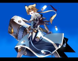 Rule 34 | 1boy, armor, blonde hair, blue background, chung seiker, coat, elsword, from below, green eyes, gun, hair flaps, huge weapon, letterboxed, long hair, looking back, male focus, mori (1804282), outstretched hand, shelling guardian (elsword), solo, weapon