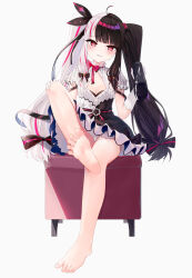 Rule 34 | 1girl, barefoot, black hair, blush, feet, hand on own knee, highres, holding, holding shoes, kou futoshi, long hair, looking at viewer, mary janes, multicolored hair, nijisanji, panties, pantyshot, red eyes, shoes, simple background, single shoe, sitting, soles, toes, twintails, two-tone hair, underwear, unworn shoes, virtual youtuber, white background, white hair, yorumi rena