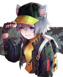 Rule 34 | 1girl, animal ears, arknights, backpack, bag, black gloves, black jacket, blue eyes, breasts, cat ears, clenched teeth, click (arknights), collar, collared jacket, fingerless gloves, gloves, grey hair, hand on headwear, hat, highres, jacket, long hair, looking to the side, medium breasts, open mouth, peaked cap, shirt, short hair, solo, stepcacc, straight hair, teeth, upper body, yellow shirt