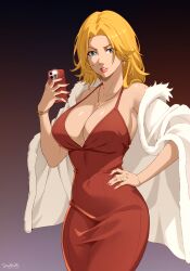 Rule 34 | 1girl, absurdres, alternate costume, bleach, blonde hair, blue eyes, bracelet, breasts, cellphone, cleavage, dress, earrings, evening gown, feather boa, hand on own hip, highres, holding, holding phone, jewelry, large breasts, matsumoto rangiku, medium hair, necklace, phone, red dress, selfie, smile, solo, stayaliveplz