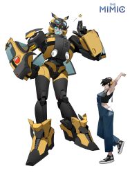 Rule 34 | 2girls, autobot, black hair, black shirt, blue eyes, blue overalls, bumblebee (transformers), cropped shirt, fang, frown, genderswap, genderswap (mtf), hair over one eye, headphones, highres, holding own arm, kamitoge supino, looking at viewer, mecha, midriff, multiple girls, one eye closed, one eye covered, overalls, redesign, robot, shirt, short hair, shorts, skin fang, smile, spike witwicky, transformers, waving, white shorts
